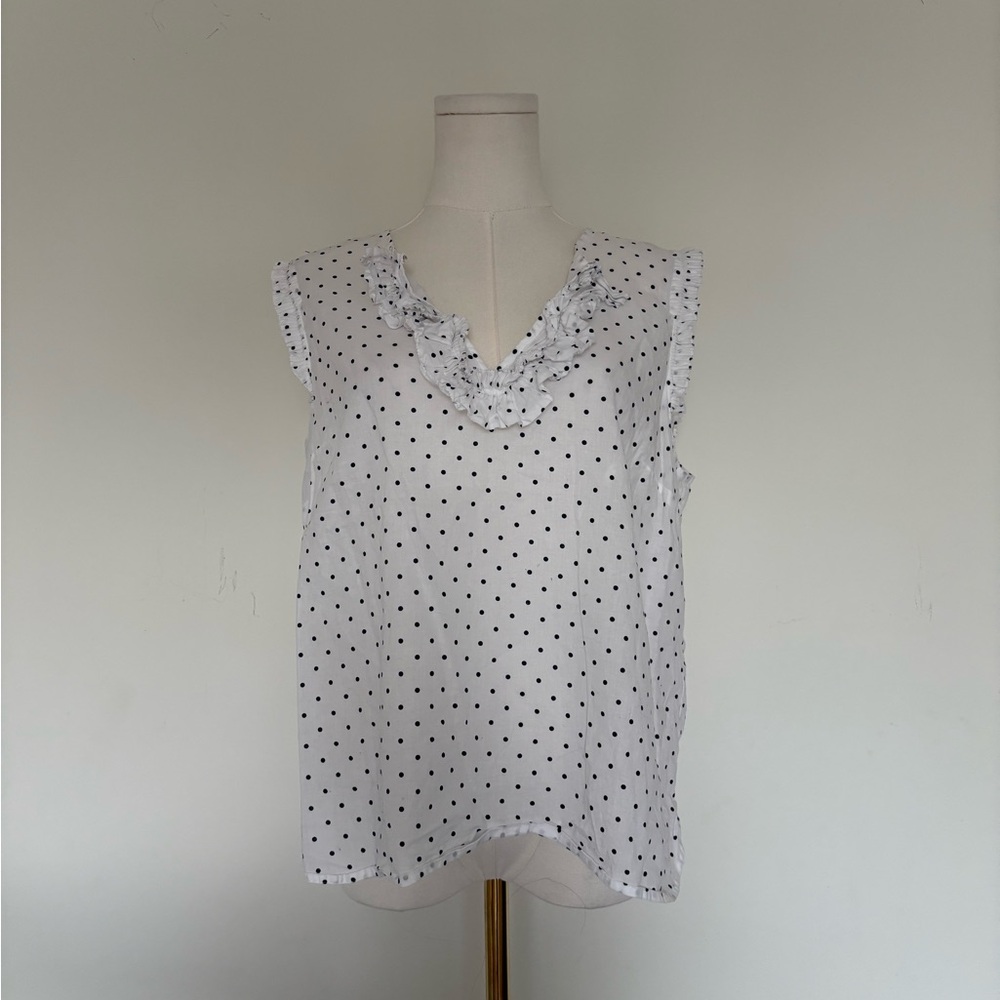 J. Crew White and navy Polka Dot Ruffle Blouse